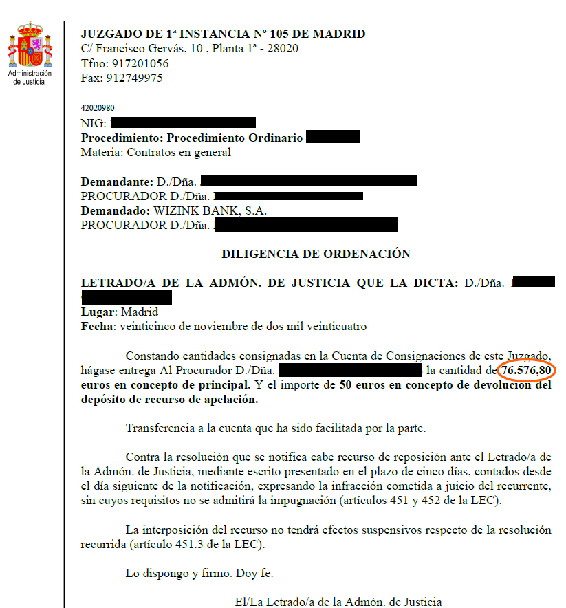 Official Madrid court document header with coat of arms and bold case details for Contratos en general (Procedimiento Ordinario).