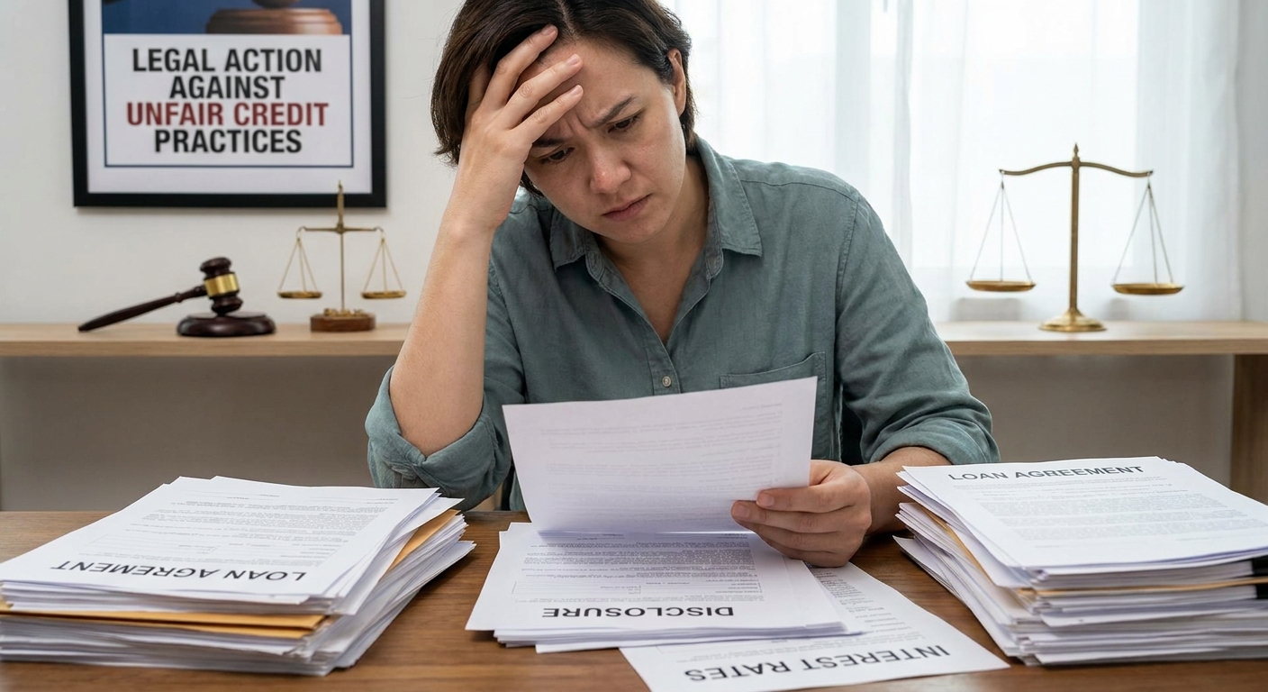 Woman at a desk reviewing loan documents, looks stressed, with scales and a poster about unfair credit practices in the background.