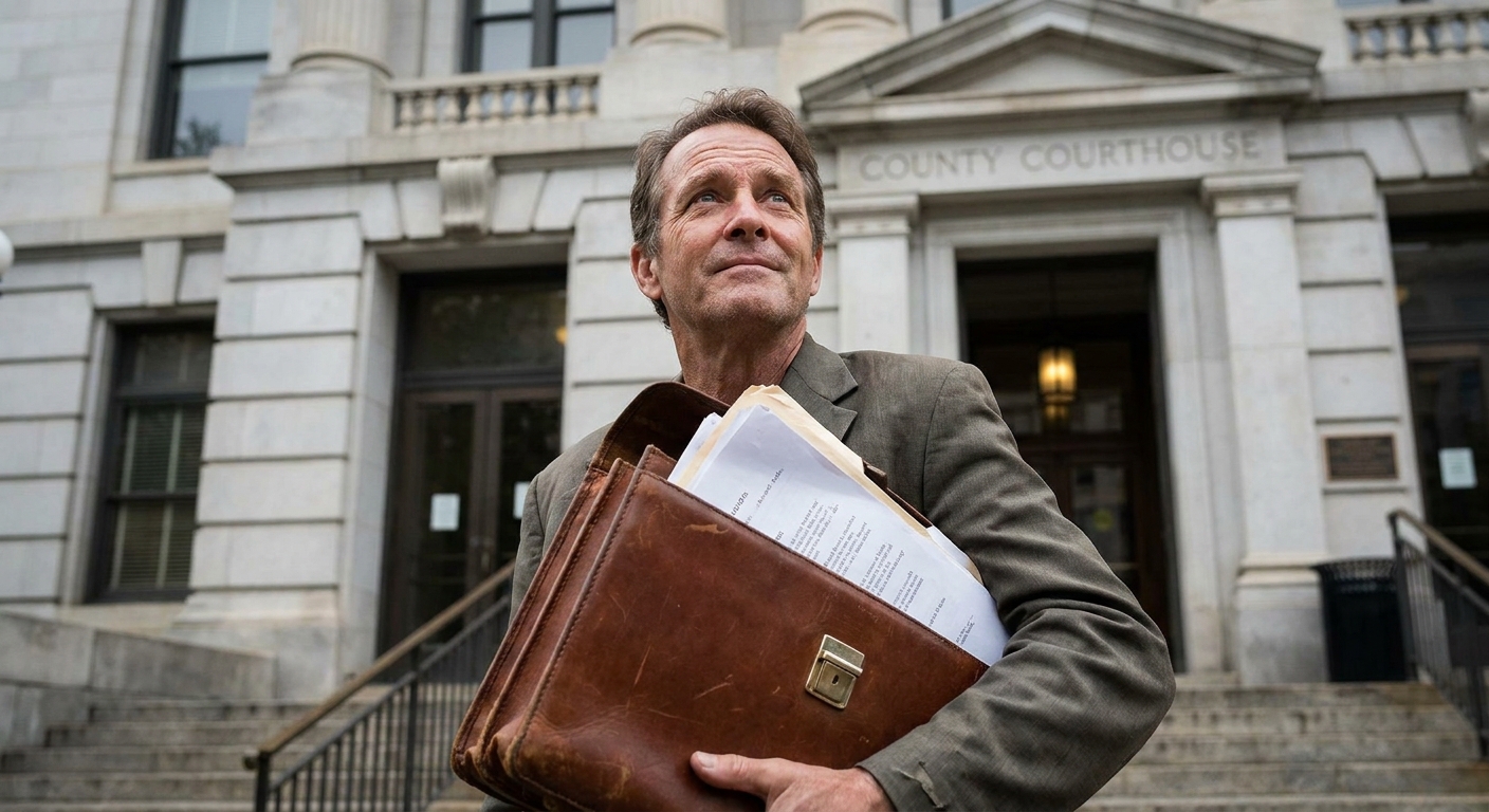 A man in a brown suit jacket stands outside a stone courthouse, cradling a worn leather briefcase stuffed with papers as he looks upward.