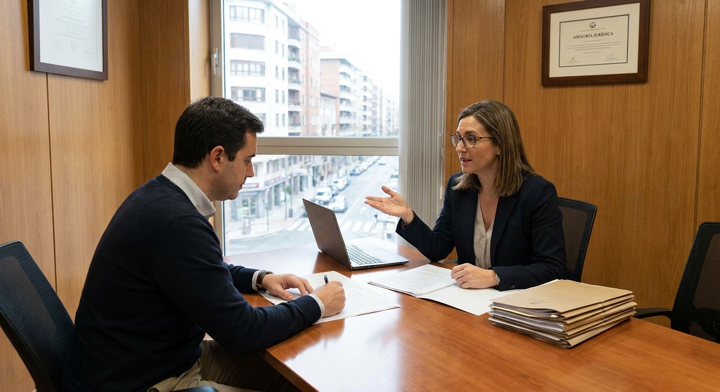 Two professionals sign documents at a wooden conference table, laptop open beside them in a sunny office.