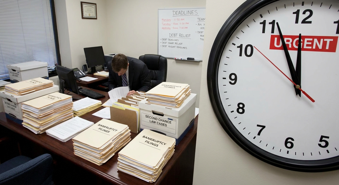 An office scene with a man at a cluttered desk surrounded by stacks of bankruptcy filing folders; a large wall clock shows 11:50 with an 'URGENT' label.