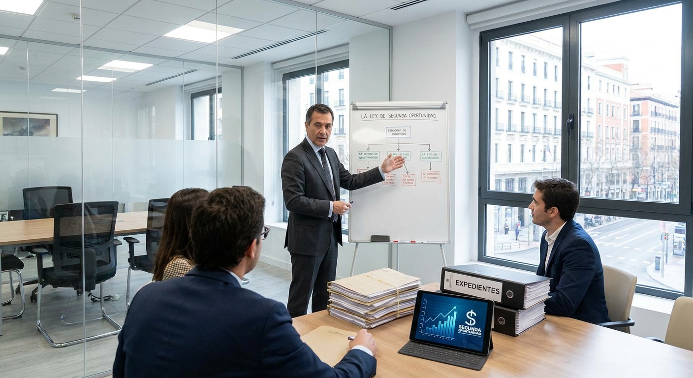 Businessman presents a flowchart on a whiteboard to colleagues in a modern office conference room.