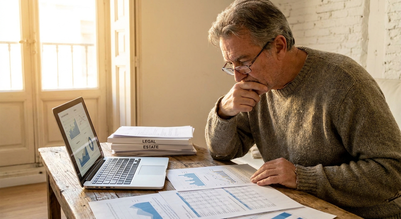 Older man in a brown sweater studies charts on a laptop and printed documents at a wooden table, with a stack labeled 'Legal Estate' beside him.