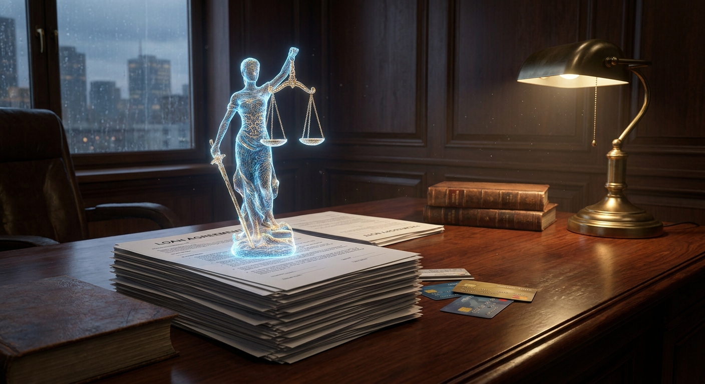 Holographic Statue of Justice rising from a stack of legal documents on a wooden desk, with a brass lamp, old books, and credit cards nearby in a dimly lit office window scene.