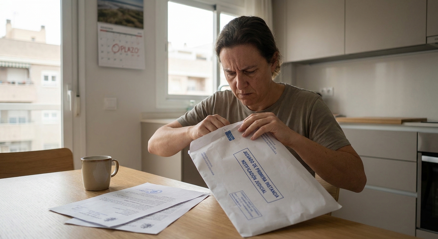 Woman sits at a kitchen table, opening a large white envelope with blue stamps while documents lie nearby and a mug rests on the table.
