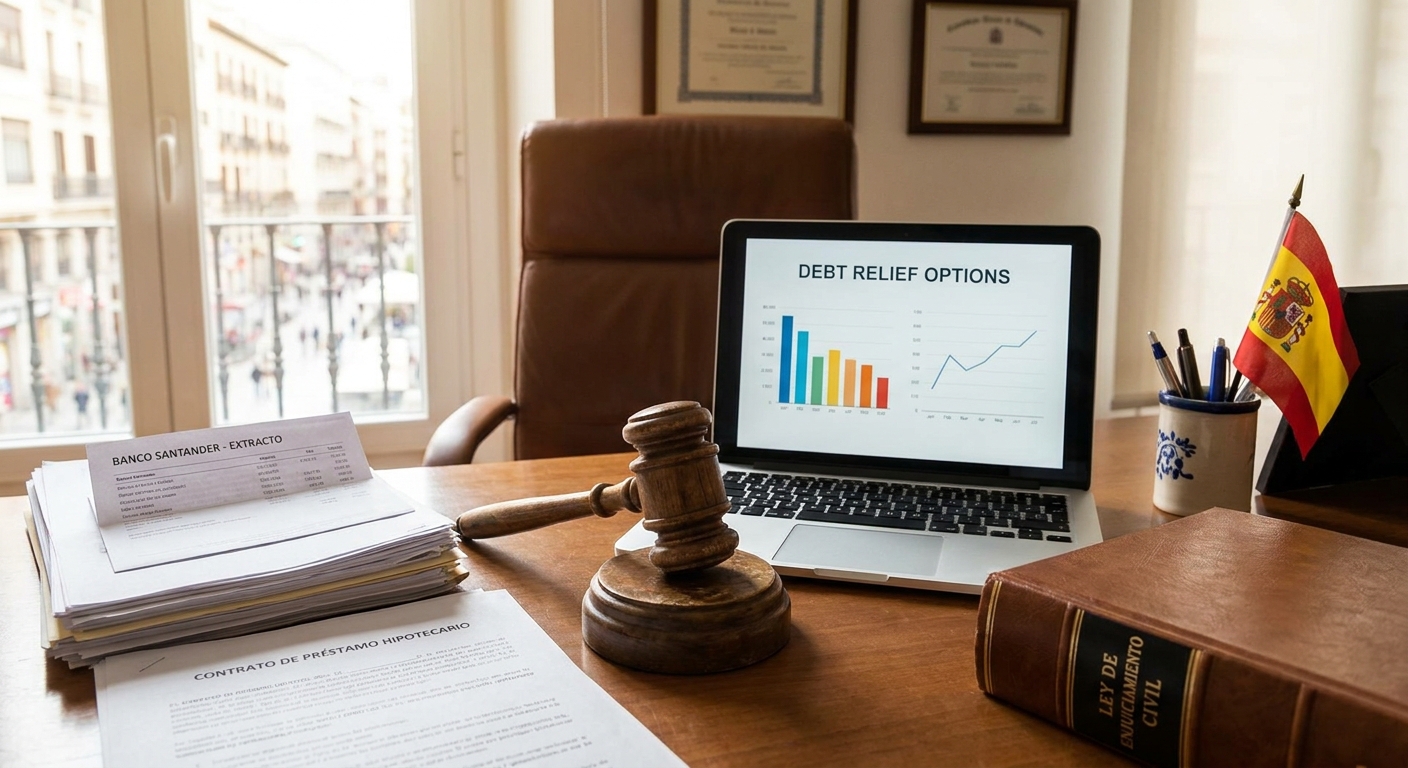Law office desk with a wooden gavel, stacked documents, and a laptop displaying a 'Debt Relief Options' chart, plus a Spanish flag and legal books nearby.