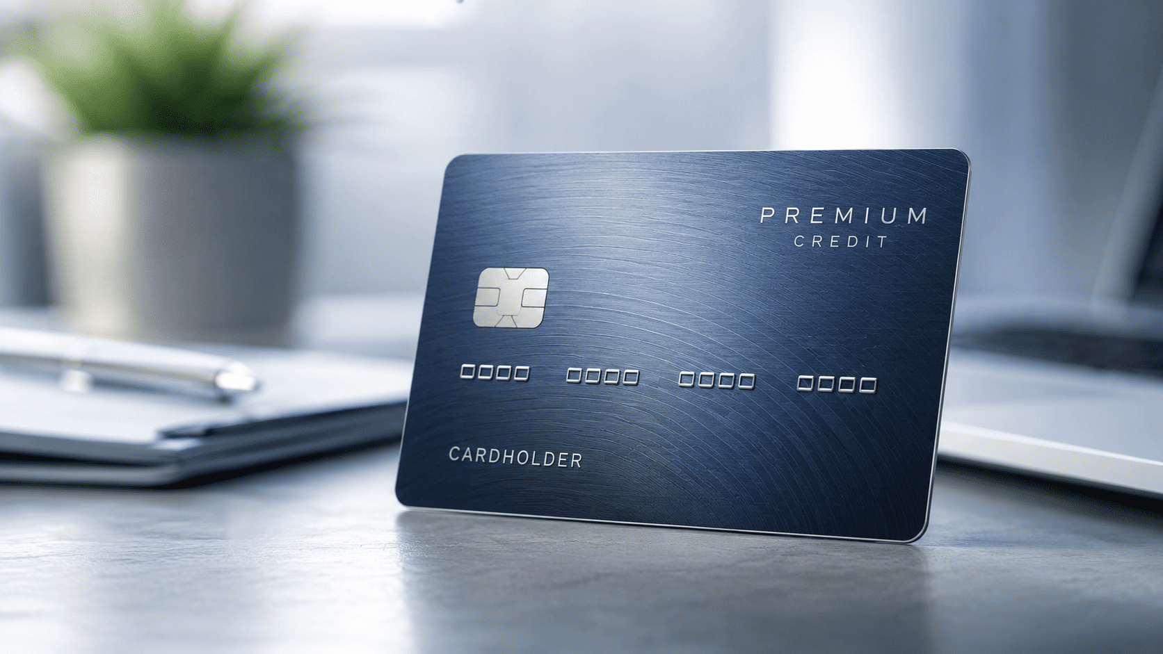 Blue textured premium credit card standing upright on a desk, with CHIP and cardholder text visible.