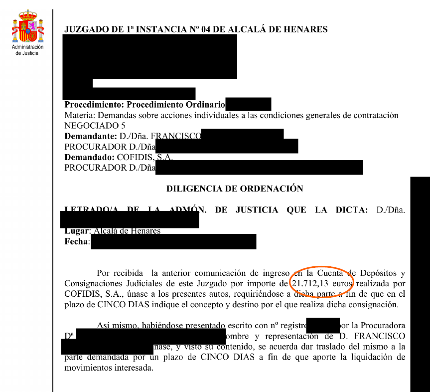 Official court document header from Juzgado de 1ª Instancia 04 de Alcalá de Henares with redacted sections and an emblem on the left.