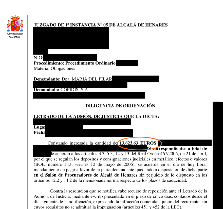 image - Abogados Legalsha Official court document header from Juzgado de Primera Instancia 5 de Alcalá de Henares, with redacted case details and a highlighted amount of 13,623.63 euros