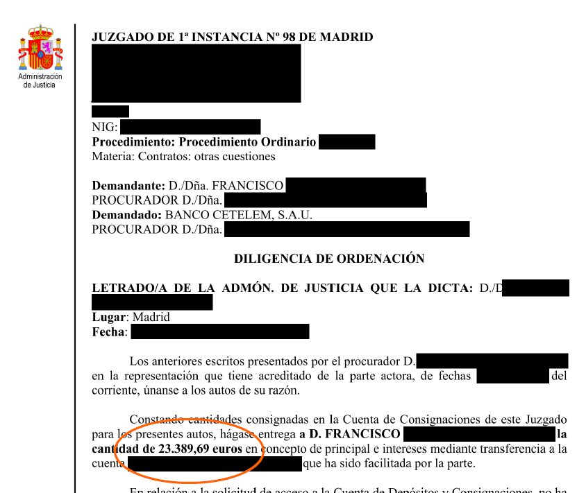 image - Abogados Legalsha Documento judicial en español de Madrid con sello de Administración de Justicia y texto parcialmente censurado; destaca una cantidad de 23.389,69 euros.