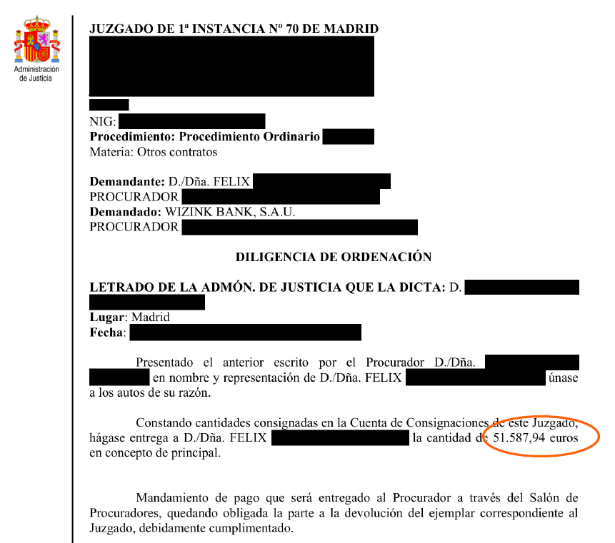 Official Madrid court document with blacked-out fields and the Justice Administration seal on the left; circled amount shown is 51.587,94 euros.