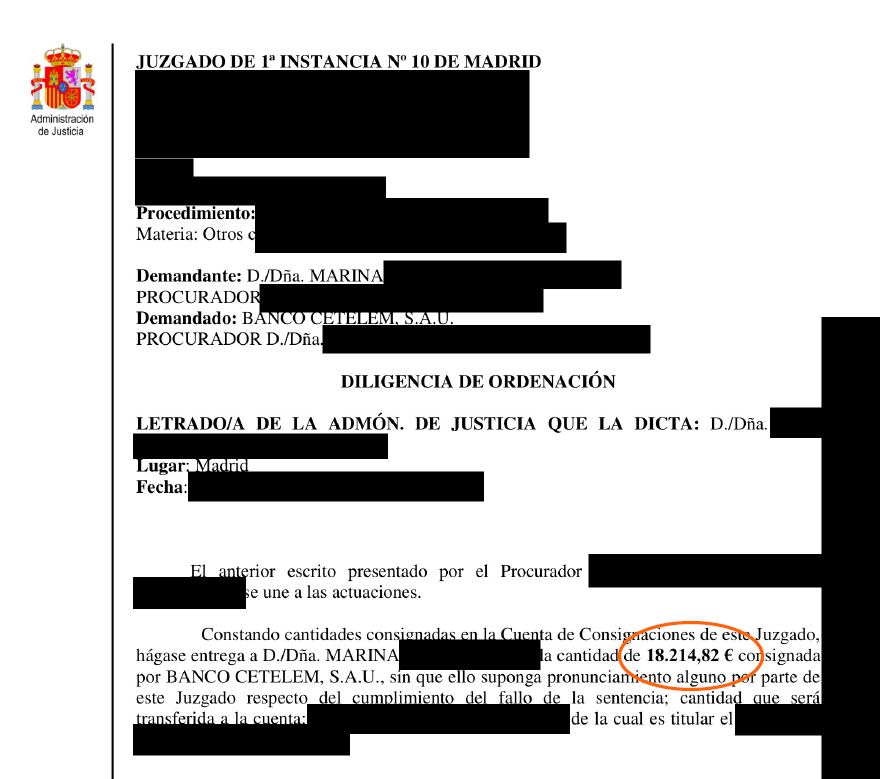 Official Spanish court document header from Juzgado de 1ª Instancia Nº 10 de Madrid, with redacted sections.
