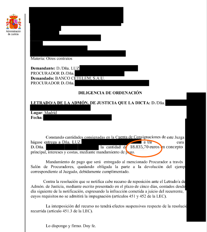 Official Spanish judicial document (Diligencia de Ordenación) with redacted fields; amount 18,835.70 euros circled.