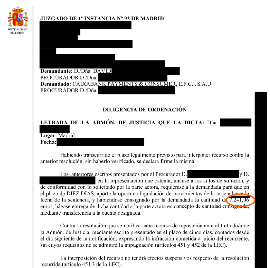 Official Spanish court document header from Madrid, with redacted blocks and the heading DILIGENCIA DE ORDENACIÓN.