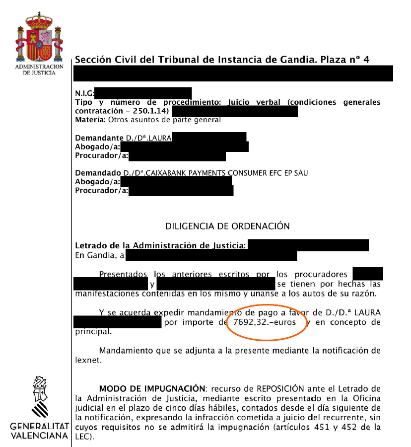 image - Abogados Legalsha Official Spanish court document from the Gandia Civil Court window, with redactions and an orange circle highlighting the amount 7,692.32 euros.