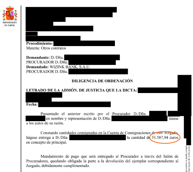 image - Abogados Legalsha Official Spanish justice document with redacted sections; shows procedural details and a sum of 51.587,94 euros circled as key amount.