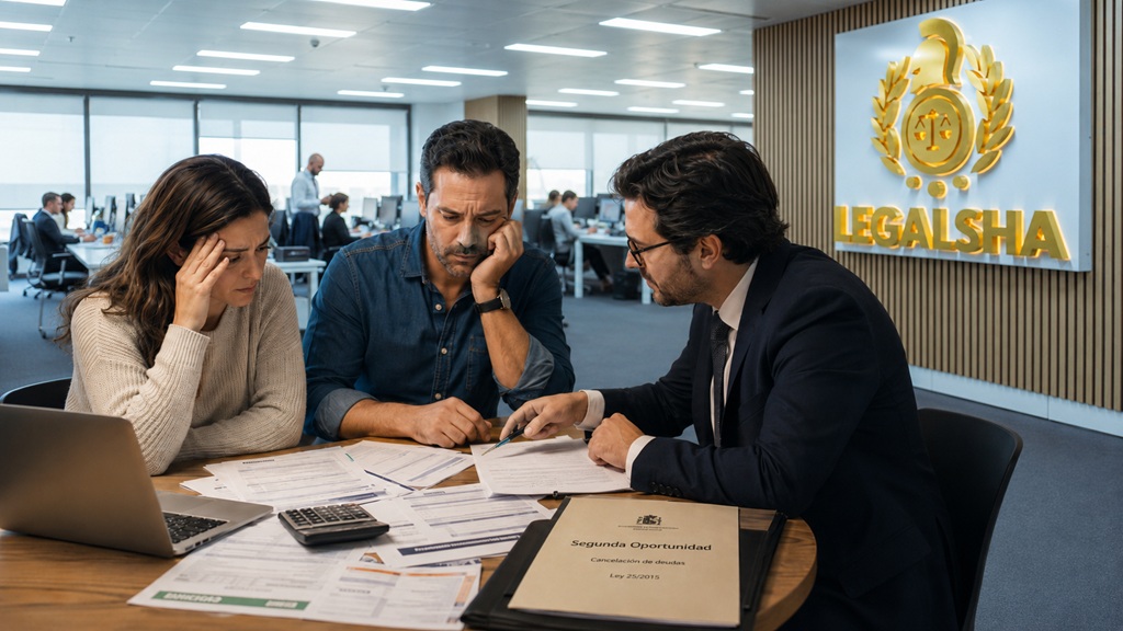 Three people sit at a desk in a bright law office, reviewing documents with a laptop and calculator nearby.