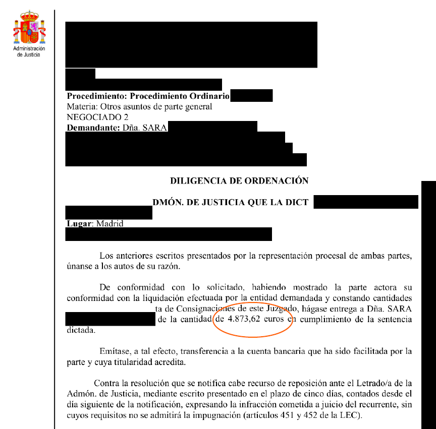 Official Spanish court document header (Administración de Justicia) titled 'Diligencia de Ordenación', with redacted sections and the amount '4.873,62 euros' circled.
