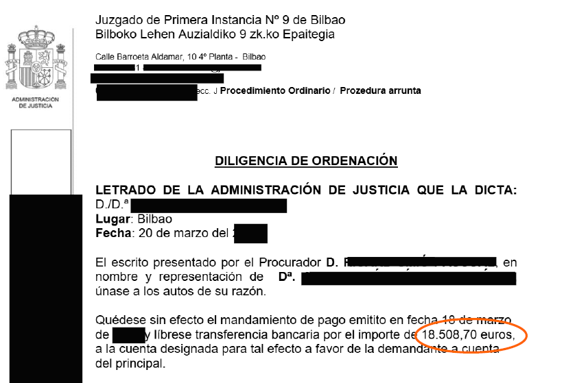 image - Abogados Legalsha Official court document from Juzgado de Primera Instancia No. 9 de Bilbao, showing 'DILIGENCIA DE ORDENACIÓN' and a payment order for 18.508,70 euros with court header and emblem.