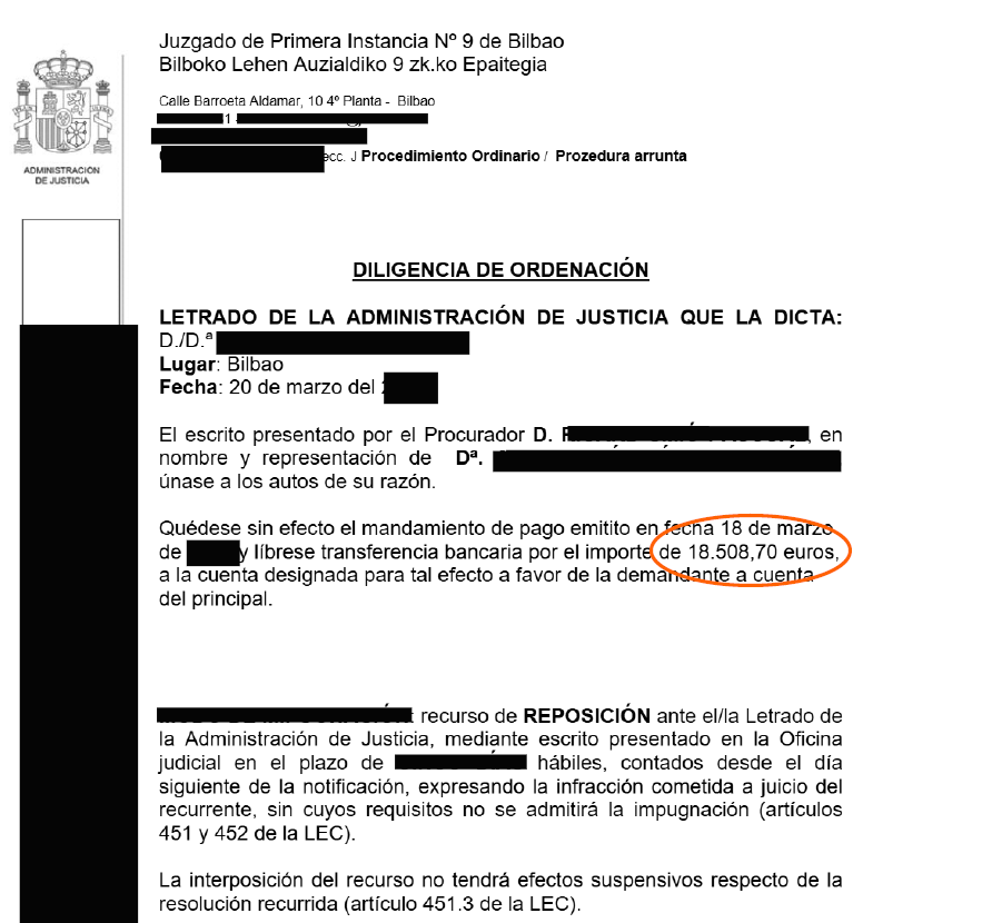 Official court document header from Juzgado de Primera Instancia N° 9 de Bilbao, with coat of arms, bold section title DILIGENCIA DE ORDENACIÓN, redacted names, and a circled amount of 18.508,70 euros.