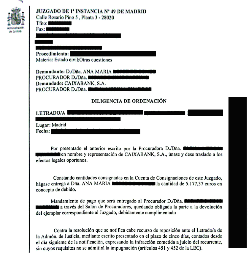 Official court document header from Madrid with redacted names and seal on the left, labeled 'Diligencia de Ordenación'.