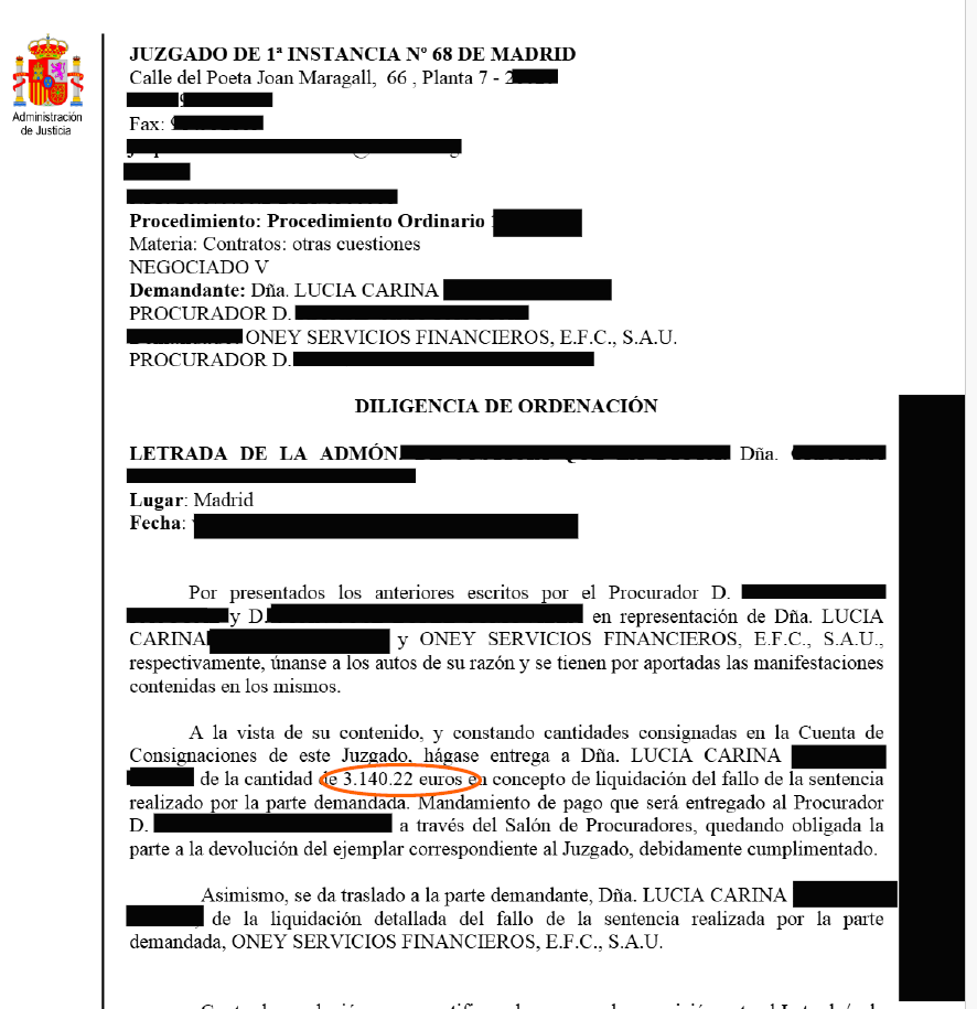 image - Abogados Legalsha Documento judicial español del Juzgado de Primera Instancia de Madrid, con encabezado, logotipo de la Administración de Justicia y texto redactado; indica un Procedimiento Ordinario, Diligencia de Ordenación y una liquidación de 3.140,22 euros, con datos de las partes enmascarados.