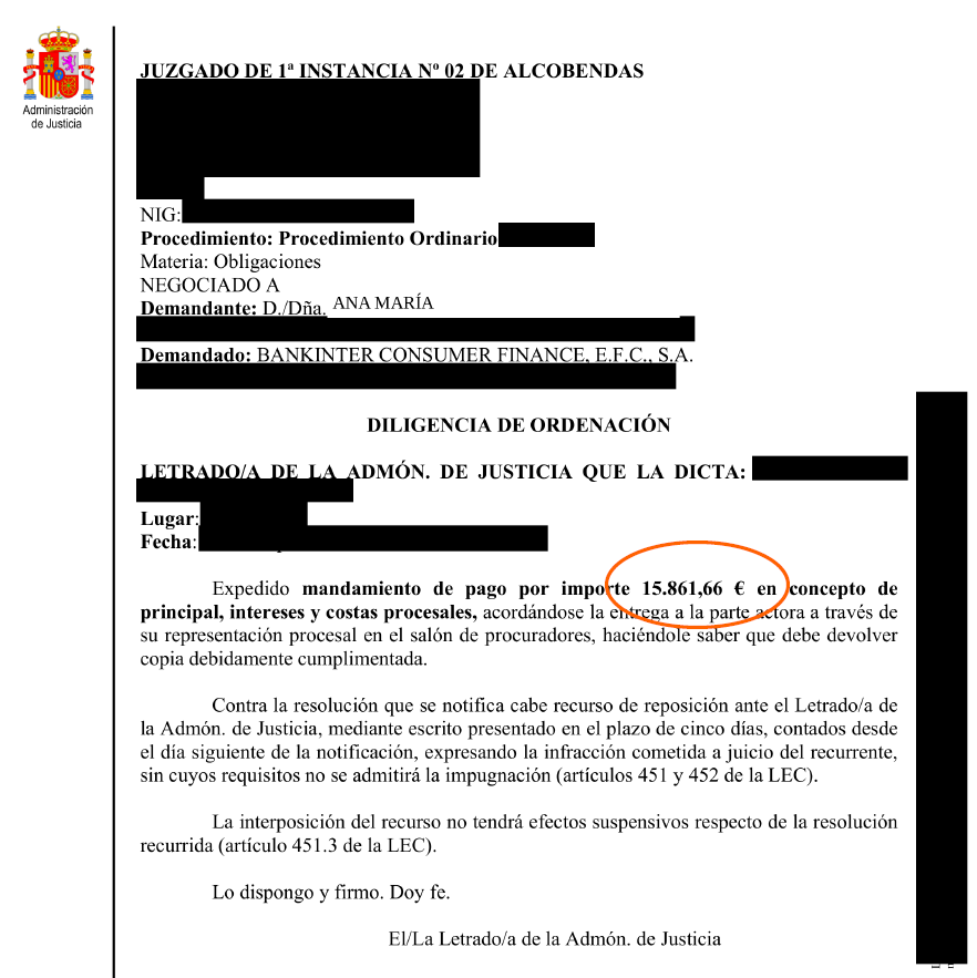 image - Abogados Legalsha Página de un documento judicial oficial de Alcobendas: diligencia de ordenación con mandamiento de pago por 15.861,66 € en principal, intereses y costas procesales, expedido por el Juzgado de Primera Instancia 2.