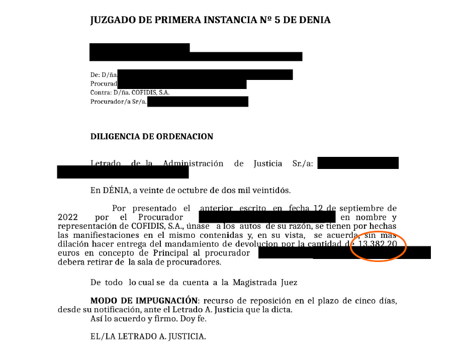 Official court document from Juzgado de Primera Instancia Nº5 de Denia with multiple redacted sections and a circled monetary amount.