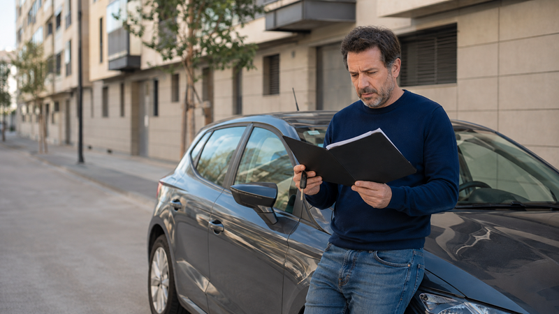 Man in a navy sweater and jeans stands beside a dark car on a city street, reading a black folder.