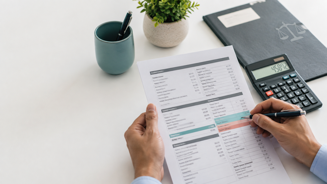 Person reviewing a printed financial report with a calculator and pen on a clean desk, a plant and file folder in view.