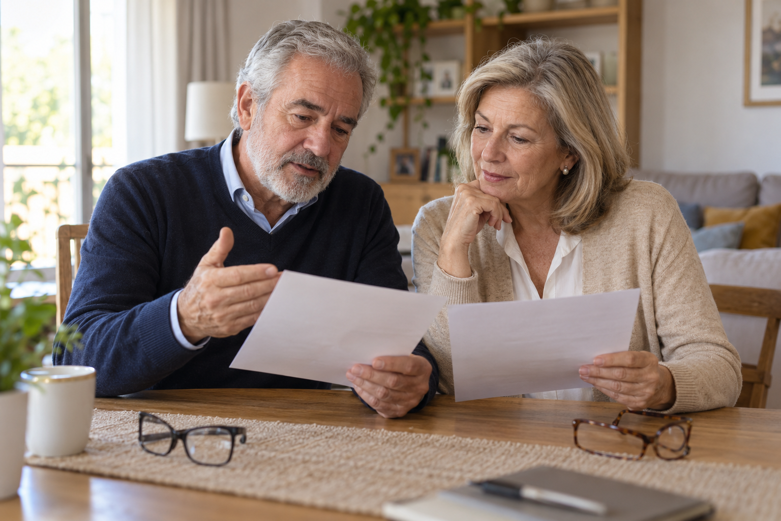 Pareja de pensionistas revisando juntos dos cartas en la mesa de su casa