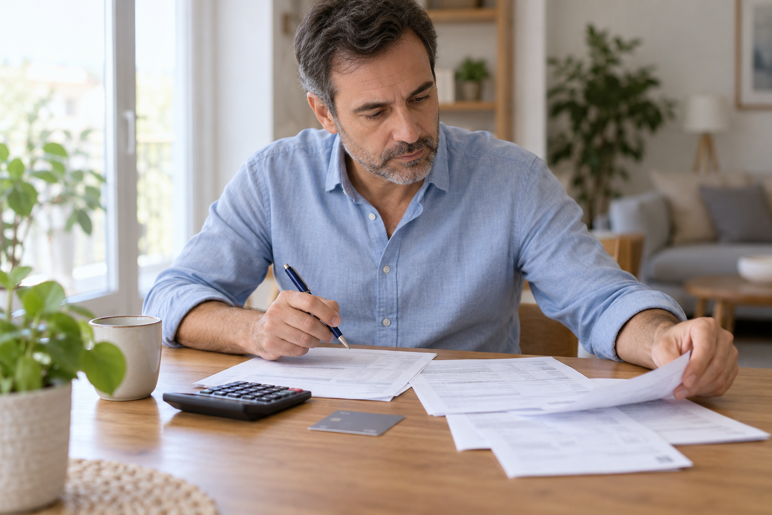 Persona revisando extractos junto a una calculadora y una tarjeta sin datos visibles