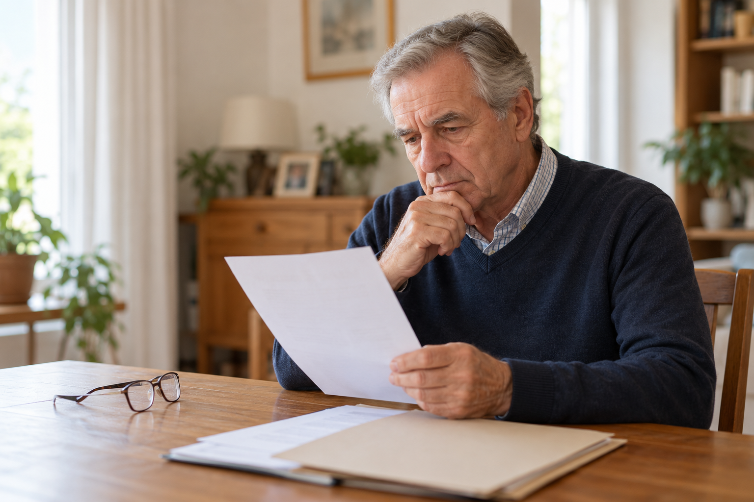 Hombre jubilado revisando una carta junto a una carpeta y unas gafas