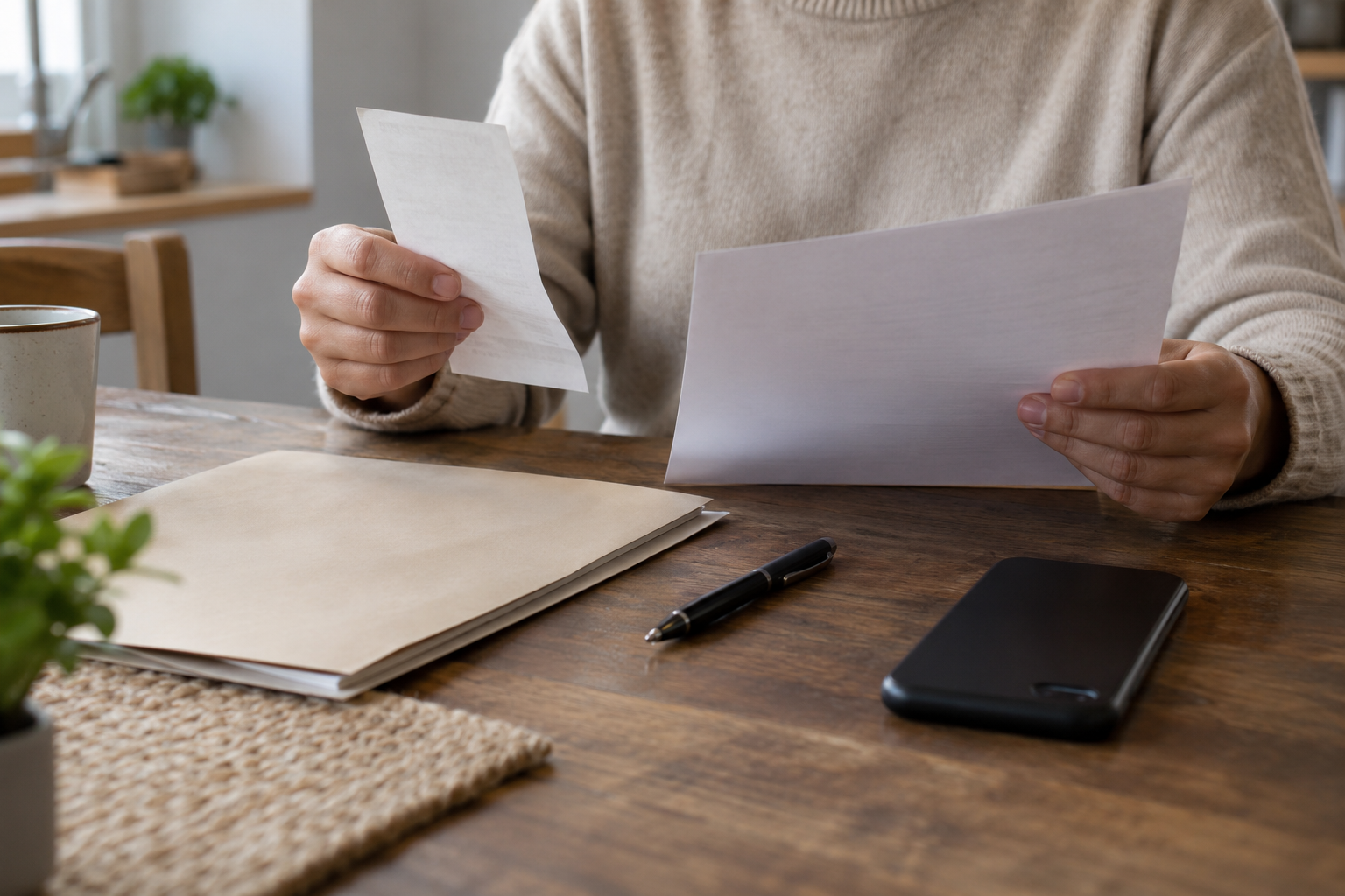 Persona comparando un justificante de pago y una carta junto a una carpeta