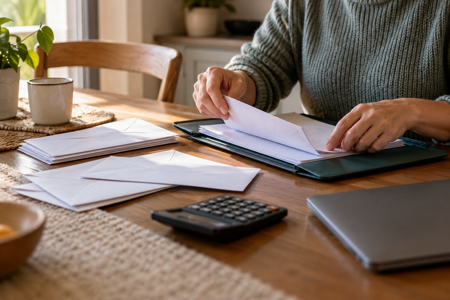 Persona ordenando documentos y sobres junto a una calculadora