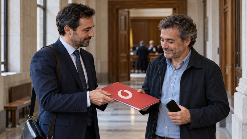 Two men in a marble hallway exchange a red folder with a Vodafone logo as one hands it over to the other, who holds a phone.